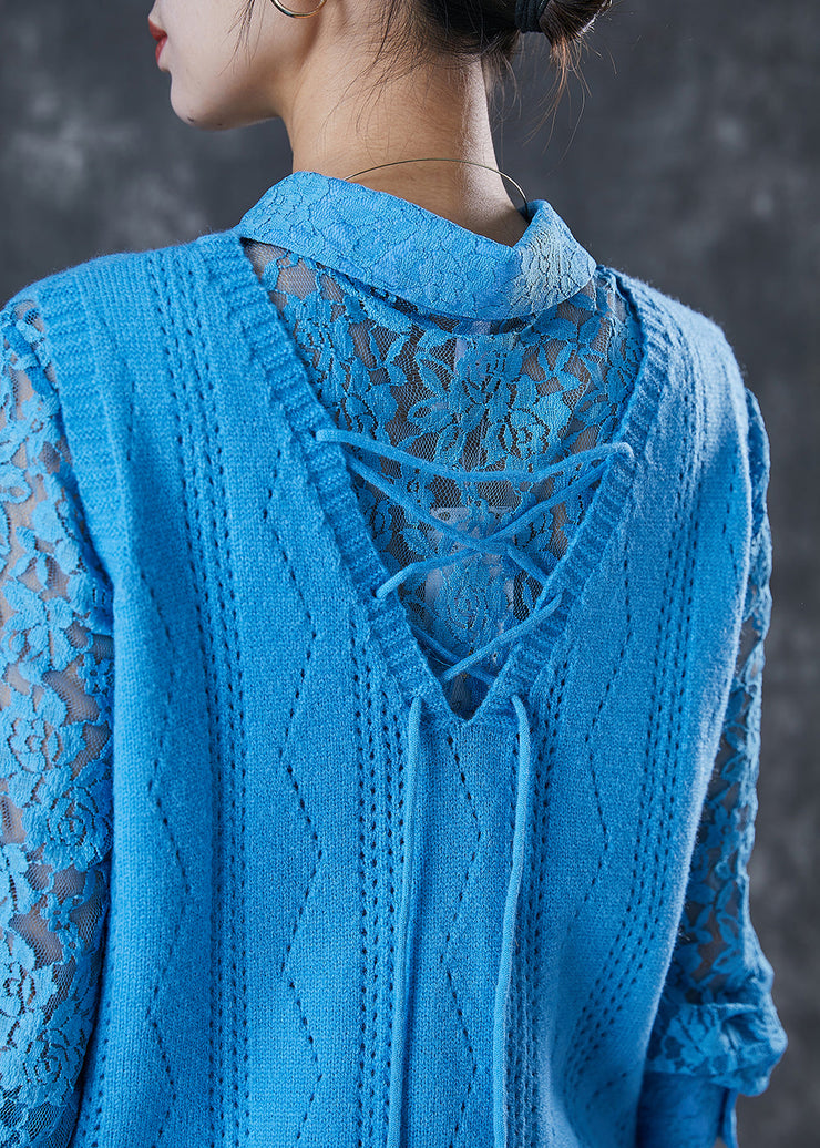 Bohemian Blue Hollow Out Knit Vest And Lace Shirt Two Piece Set Spring