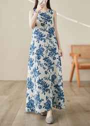 Bohemian Blue O-Neck Print Long Dress Summer