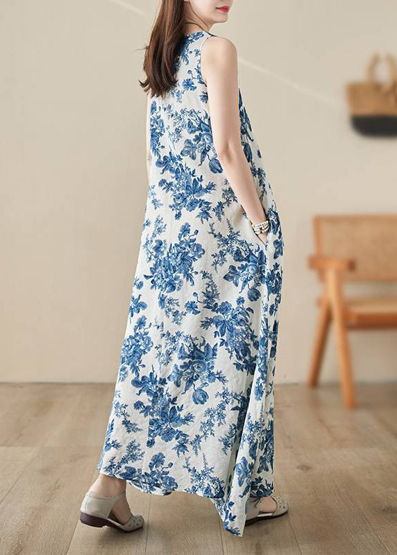 Bohemian Blue O-Neck Print Long Dress Summer