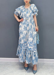 Bohemian Blue O-Neck Ruffled Patchwork Print Chiffon Maxi Dresses Summer