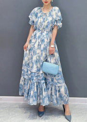 Bohemian Blue O-Neck Ruffled Patchwork Print Chiffon Maxi Dresses Summer