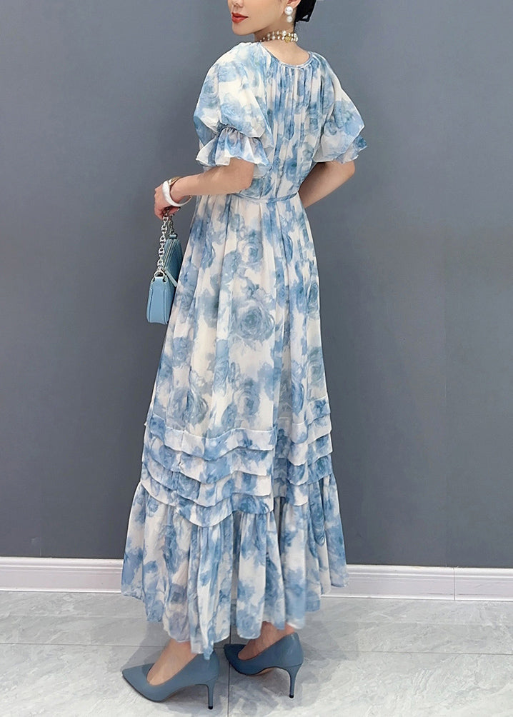 Bohemian Blue O-Neck Ruffled Patchwork Print Chiffon Maxi Dresses Summer