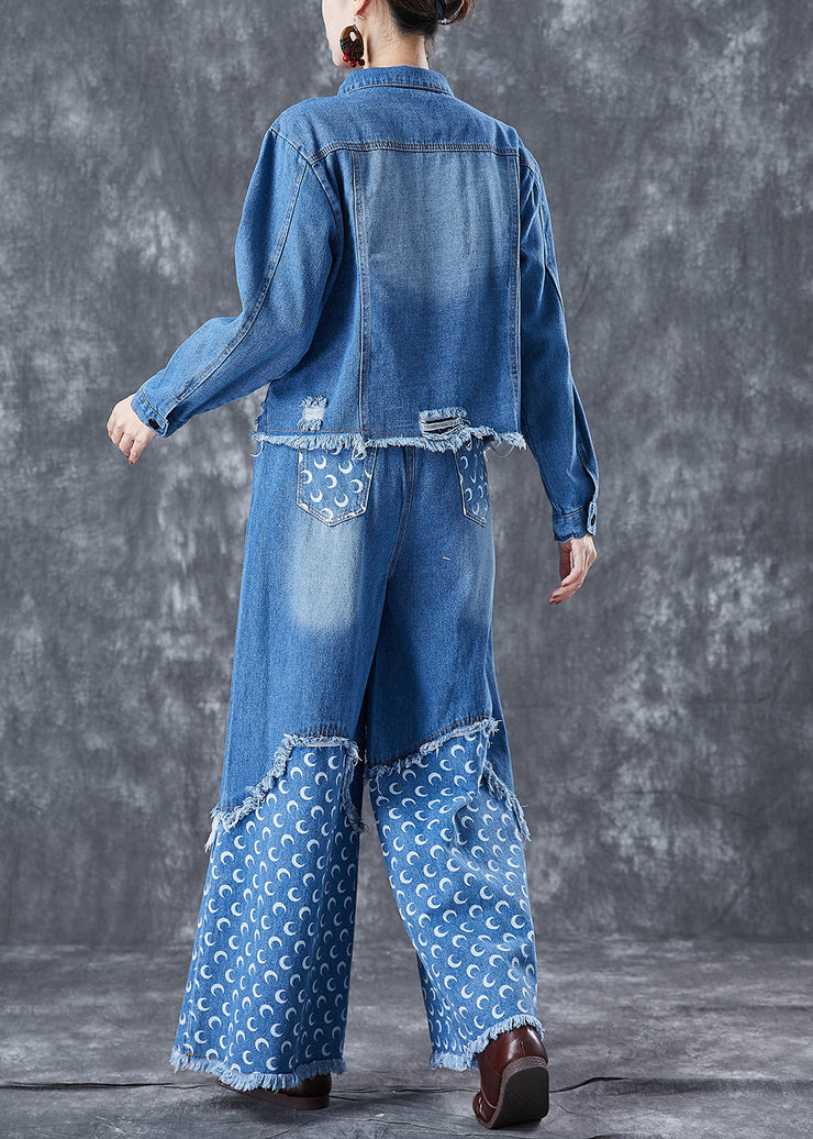 Bohemian Blue Oversized Patchwork Tassel Denim Two-Piece Set Spring