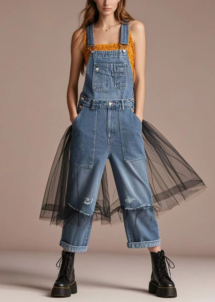 Bohemian Blue Oversized Patchwork Tulle Denim Jumpsuit Summer