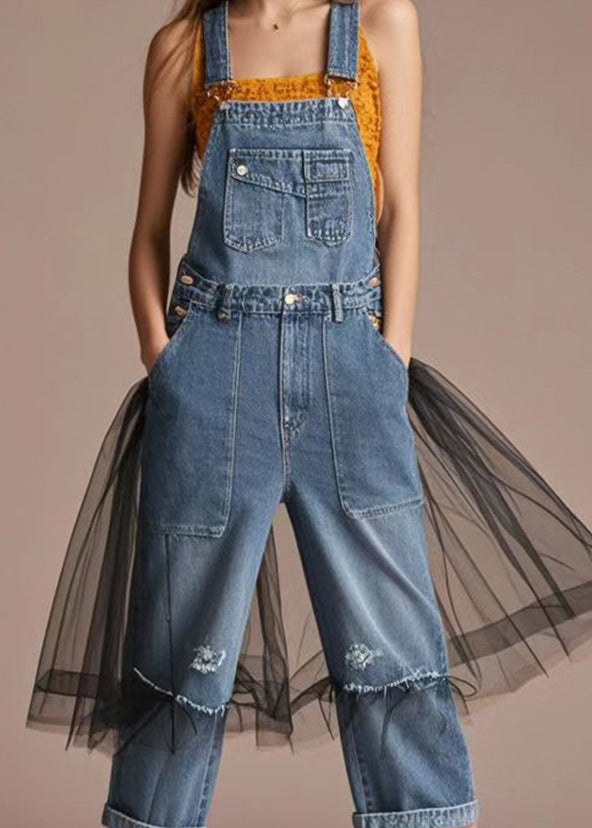 Bohemian Blue Oversized Patchwork Tulle Denim Jumpsuit Summer