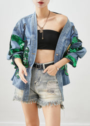 Bohemian Blue Peacock Sequins Elastic Waist Denim Coats Fall