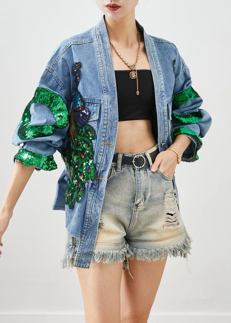 Bohemian Blue Peacock Sequins Elastic Waist Denim Coats Fall