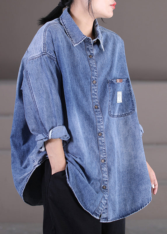 Bohemian Blue Peter Pan Collar Patchwork Button Denim Shirt Fall