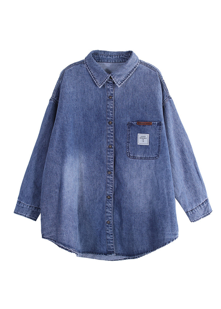 Bohemian Blue Peter Pan Collar Patchwork Button Denim Shirt Fall