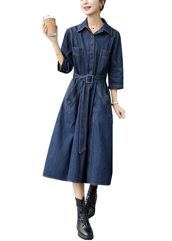 Bohemian Blue Peter Pan Collar Patchwork Sashes Long Denim Dresses Fall