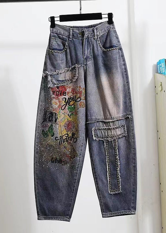 Bohemian Blue Pockets DIY Zircon Rivet Denim Pants Spring