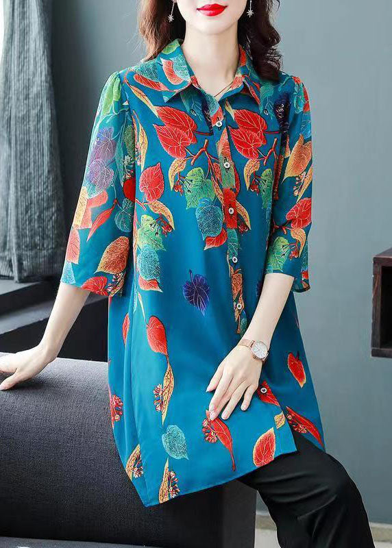 Bohemian Blue Print Button Patchwork Chiffon Shirts Tops Bracelet Sleeve