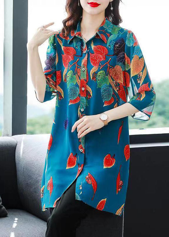 Bohemian Blue Print Button Patchwork Chiffon Shirts Tops Bracelet Sleeve