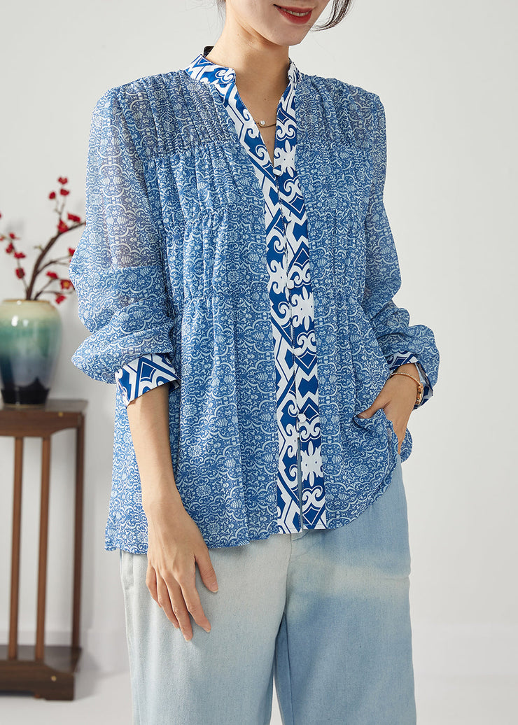 Bohemian Blue Print Patchwork Wrinkled Chiffon Blouses Spring