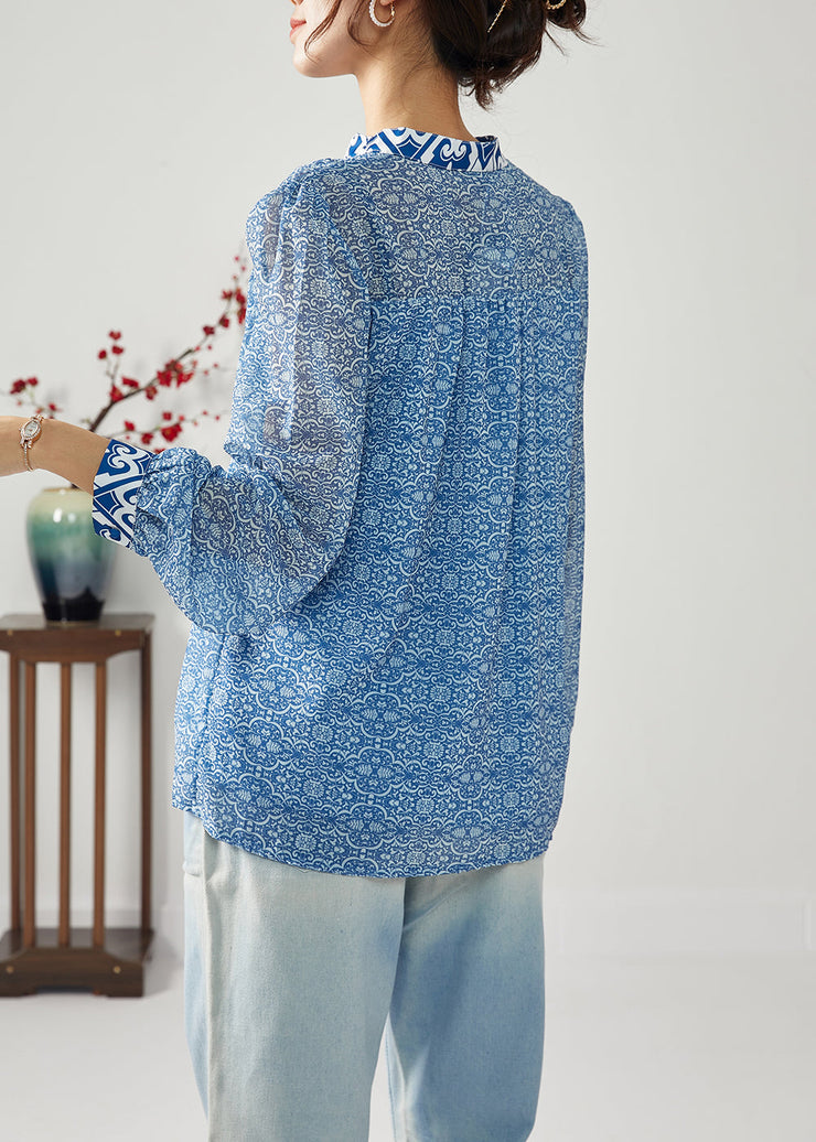 Bohemian Blue Print Patchwork Wrinkled Chiffon Blouses Spring