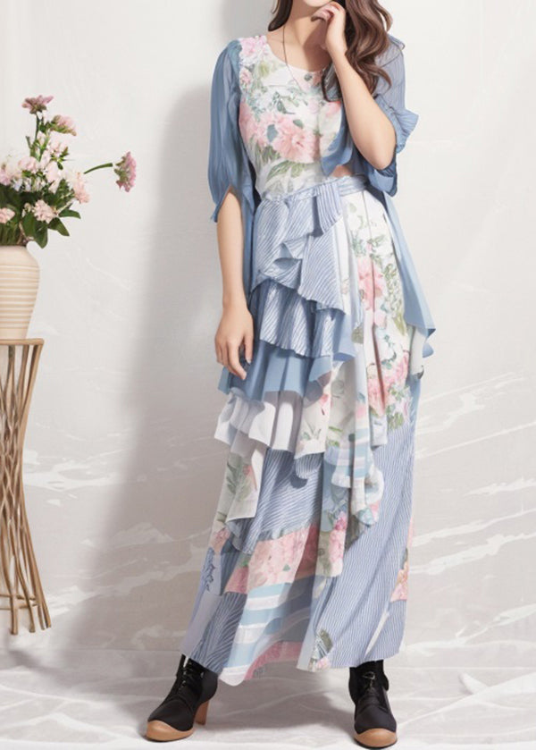 Bohemian Blue Ruffled Print Patchwork Silk Dresses Summer