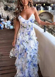 Bohemian Blue Ruffled Print Tulle Spaghetti Strap Dress Sleeveless