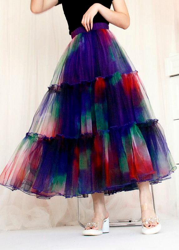 Bohemian Blue Ruffled Tie Dye Tulle Skirt Spring