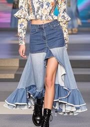 Bohemian Blue Ruffles Patchwork Side Open Denim Skirts Spring