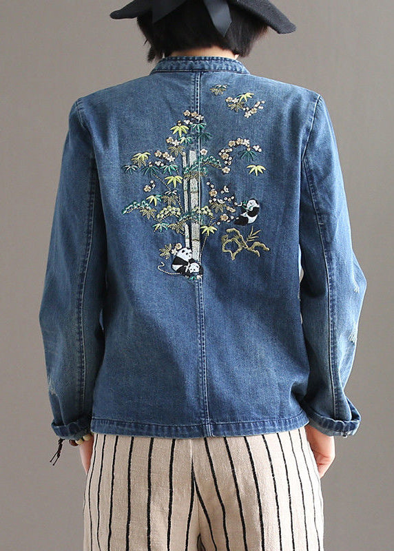 Bohemian Blue Stand Collar Pockets Patchwork Button Denim Coats Fall