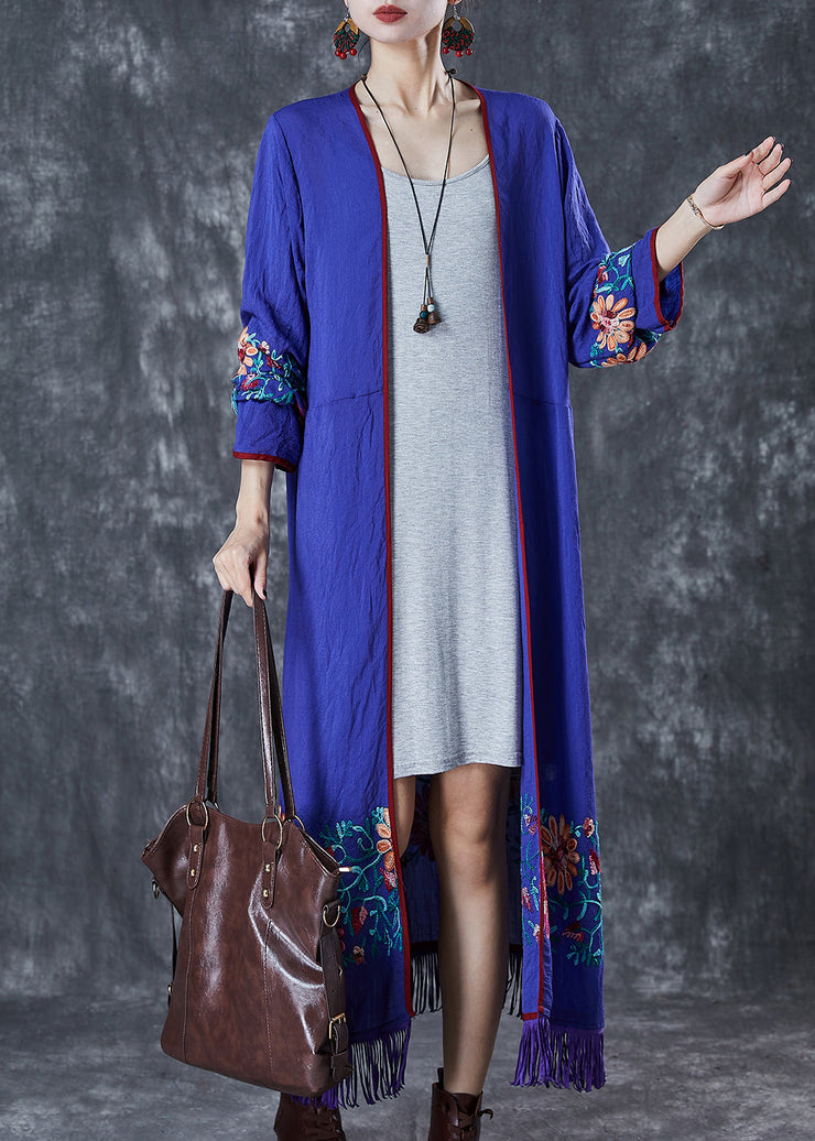 Bohemian Blue Tasseled Embroidered Cotton Cardigan Fall