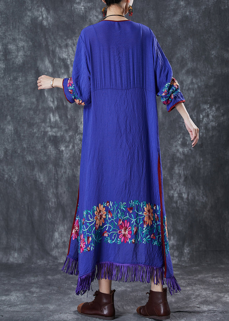 Bohemian Blue Tasseled Embroidered Cotton Cardigan Fall