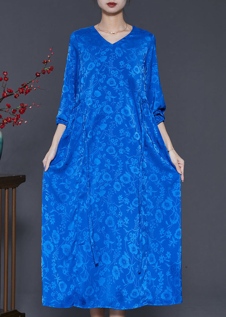 Bohemian Blue Tie Waist Print Silk Dress Spring