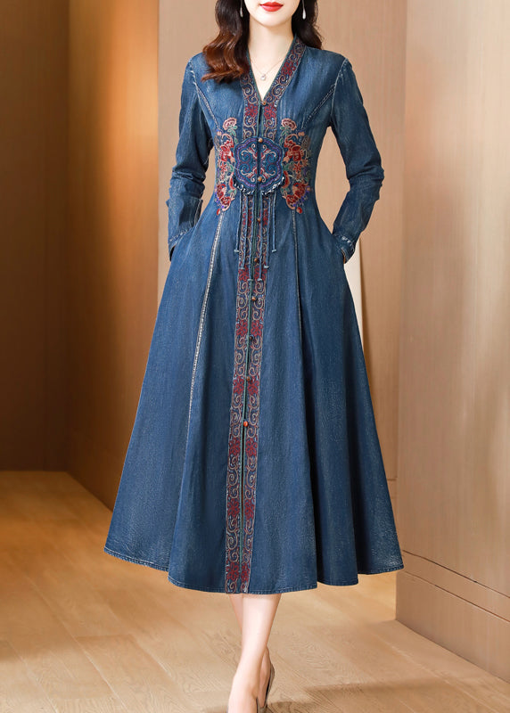 Bohemian Blue V Neck Embroidered Patchwork Denim Dresses Fall