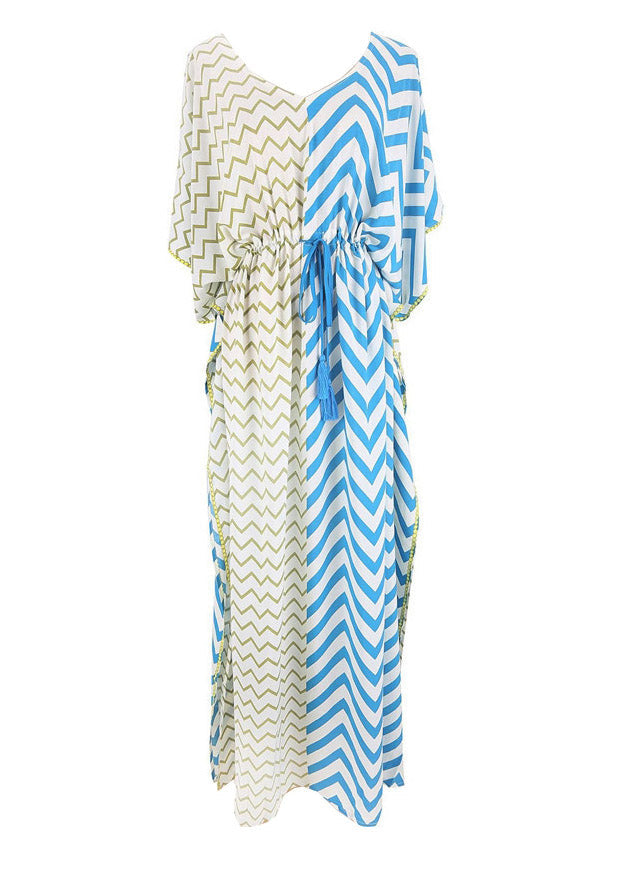 Bohemian Blue Yellow Striped Patchwork Drawstring Tie Waist Maxi Dresses Summer