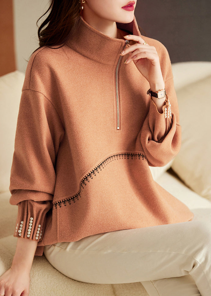 Bohemian Brown Oversized Nail Bead Cotton Loose Sweatshirts Top Spring