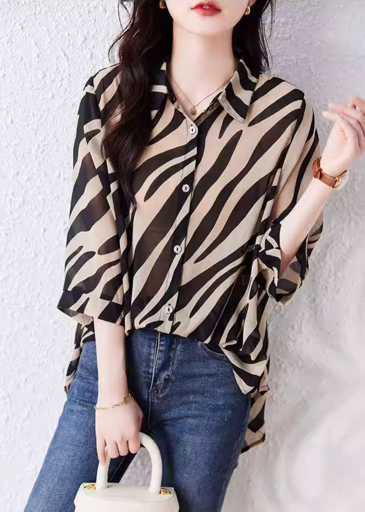 Bohemian Brown Oversized Striped Chiffon Shirt Top Summer