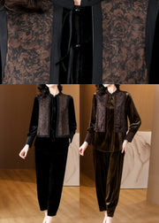 Bohemian Brown Patchwork Button Silk Velour Top And Harem Pants Two Pieces Set Long Sleeve