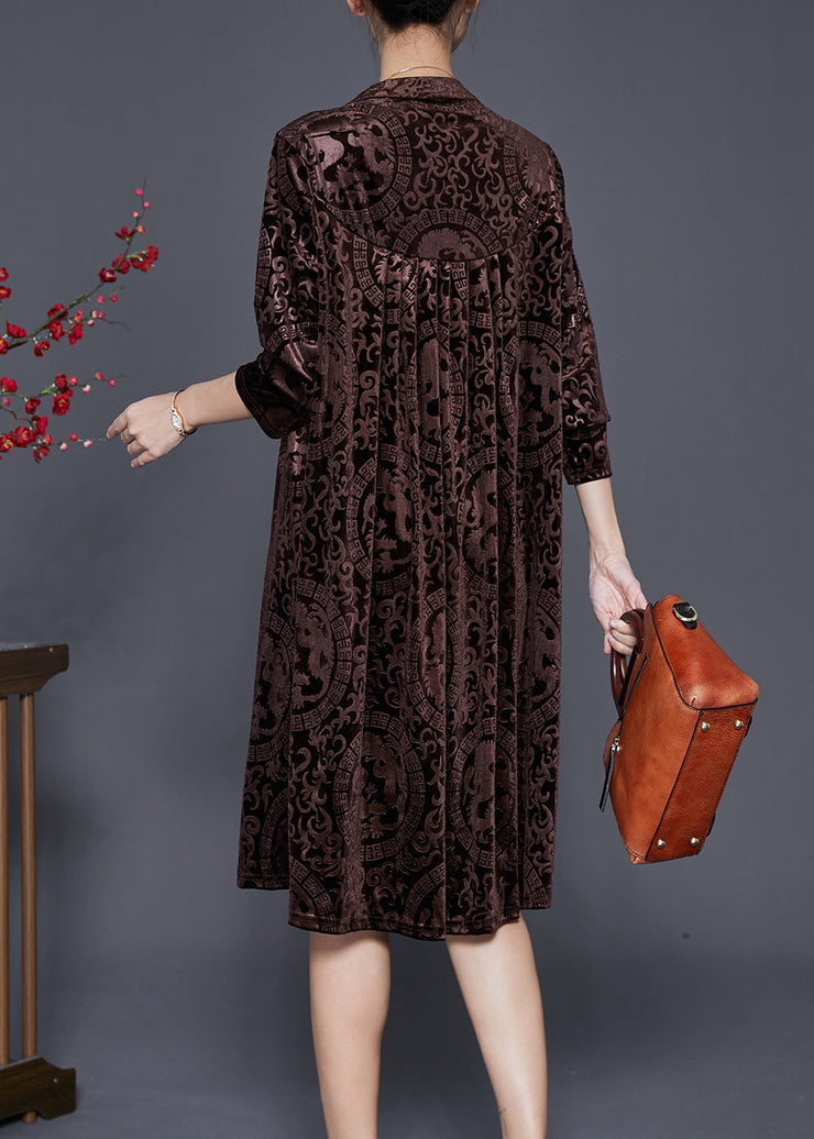 Bohemian Chocolate V Neck Print Silk Velour Maxi Dresses Fall