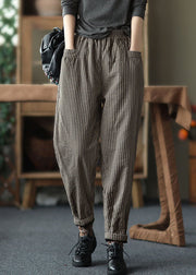 Bohemian Chocolate Elastic Waist Striped Pockets Fine Cotton Filled Pants Winter