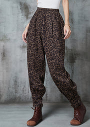 Bohemian Coffee Leopard Print Faux Suede Harem Pants Spring