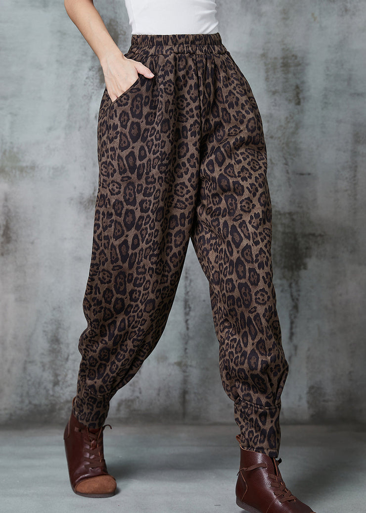 Bohemian Coffee Leopard Print Faux Suede Harem Pants Spring