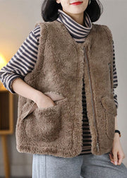 Bohemian Coffee O-Neck Pockets Warm Fuzzy Fur Fluffy Vest Spring