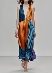 Bohemian Colorblock Deep-V Neck Patchwork Silk Party Dress Sleeveless