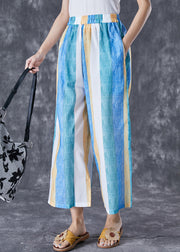 Bohemian Colorblock Striped Pockets Linen Wide Leg Pants Summer