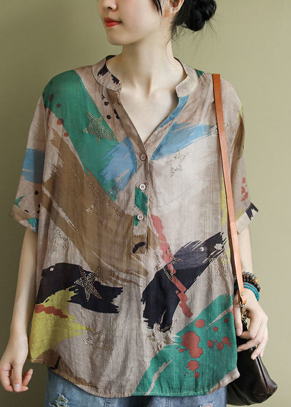 Bohemian Colorblock V Neck Print Patchwork Cotton Shirts Top Summer