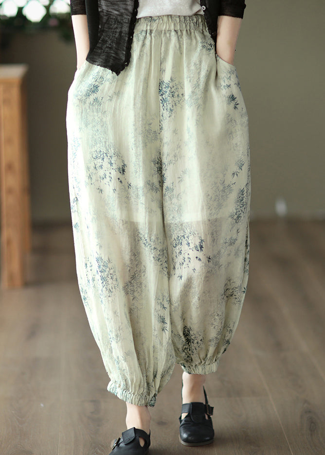 Bohemian Cyan Pockets Print Linen Lantern Pants Summer