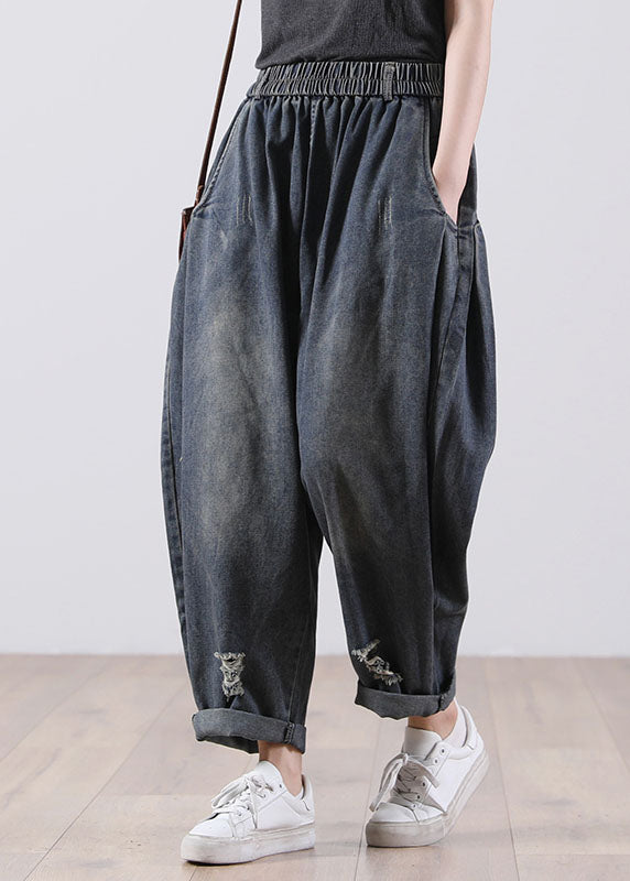 Bohemian Denim Blue Elastic Waist Pockets Cotton Harem Pants Fall