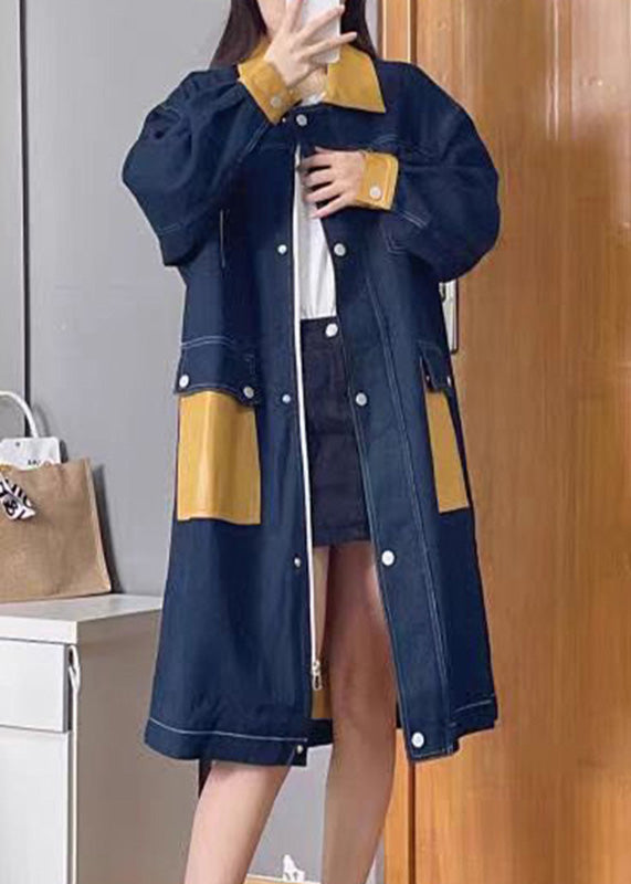 Bohemian Denim Blue Peter Pan Collar Patchwork Zippered Button Linen Long Trench Coats Fall