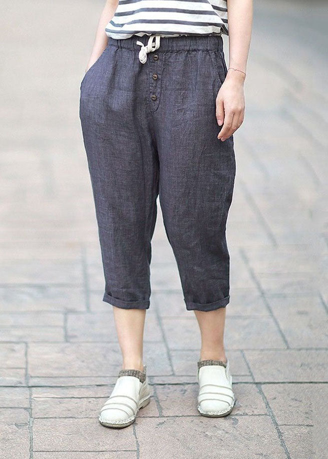 Bohemian Denim Blue Pockets Patchwork Linen Crop Pants Summer