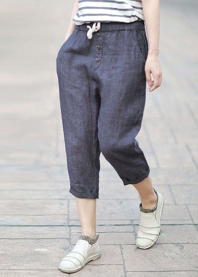 Bohemian Denim Blue Pockets Patchwork Linen Crop Pants Summer