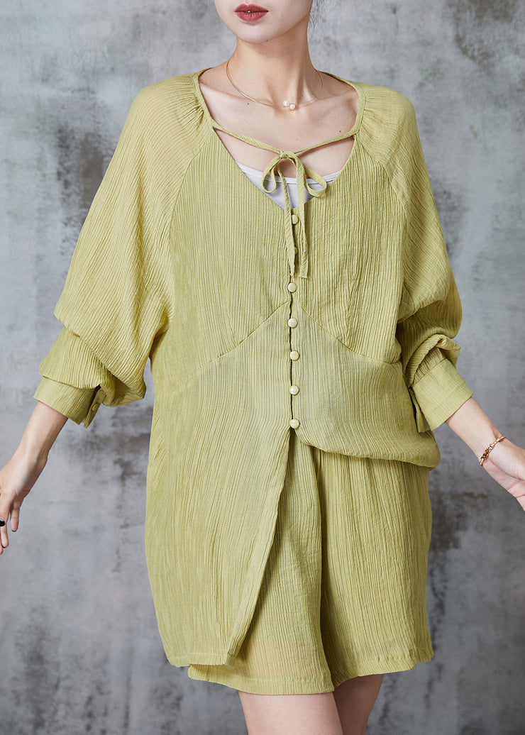 Bohemian Grass Green Oversized Wrinkled Cotton Two Pieces Set Summer