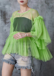 Bohemian Grass Green Patchwork Tulle Shirt Tops Batwing Sleeve