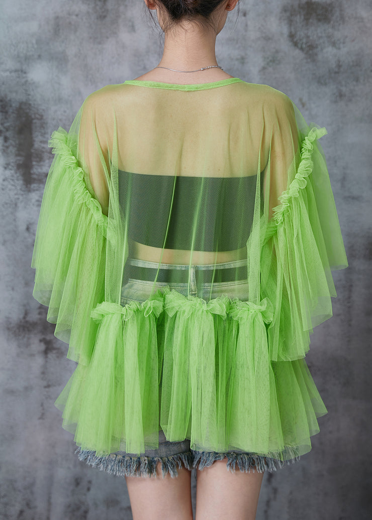 Bohemian Grass Green Patchwork Tulle Shirt Tops Batwing Sleeve