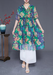 Bohemian Green Hooded Ruffled Print Chiffon Dress Summer