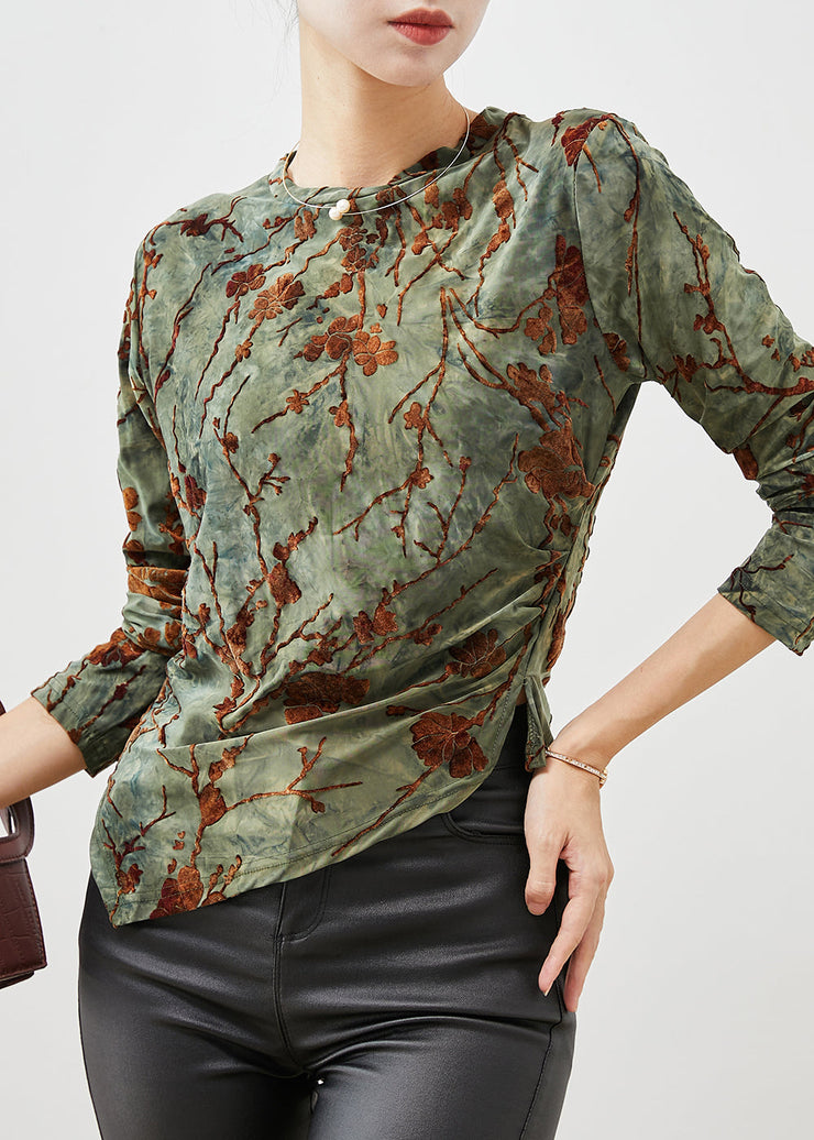 Bohemian Green Jacquard Asymmetrical Silm Fit Velour Blouses Spring